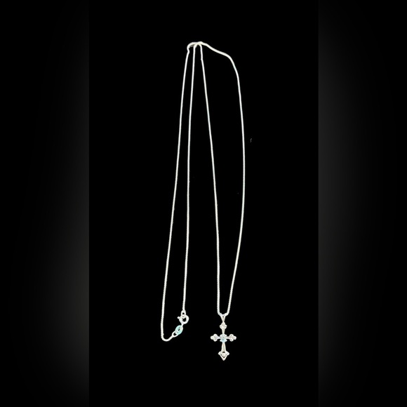 Aquamarine and Sterling Silver Cross Necklace Box Chain 30 in Long - Picture 3 of 4